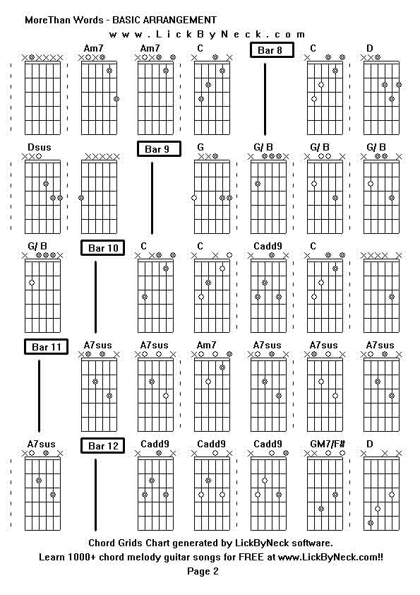 Chord Grids Chart of chord melody fingerstyle guitar song-MoreThan Words - BASIC ARRANGEMENT,generated by LickByNeck software.
